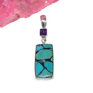 Tibetan Turquoise & Amethyst Necklace Pendant Solid 925 Sterling Silver Boho